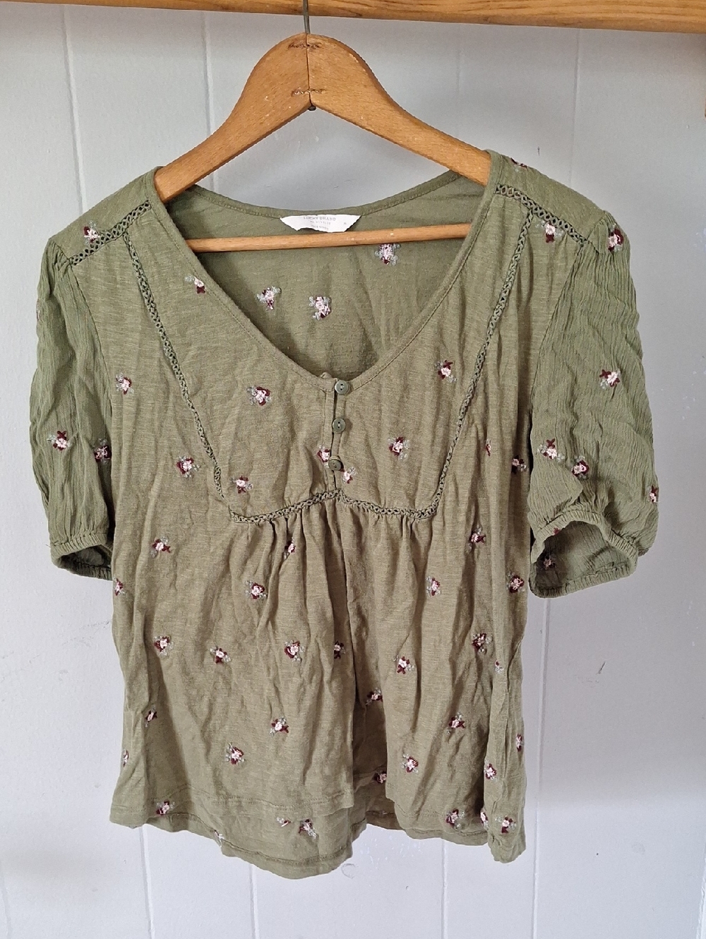 Lucky Brand Olive Green Floral Embroidered Peasant Blouse